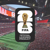 FIFA World Cup trophy logo with a stadium in the background