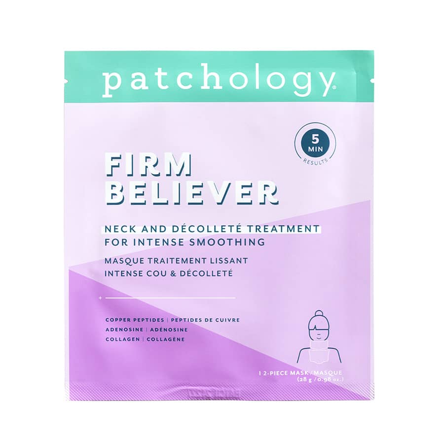 Single Firm Believer 2-piece neck and décolleté mask pouch in two-tone lilac with a mint top, 5-minute results badge, and a line drawing of a woman wearing the mask.