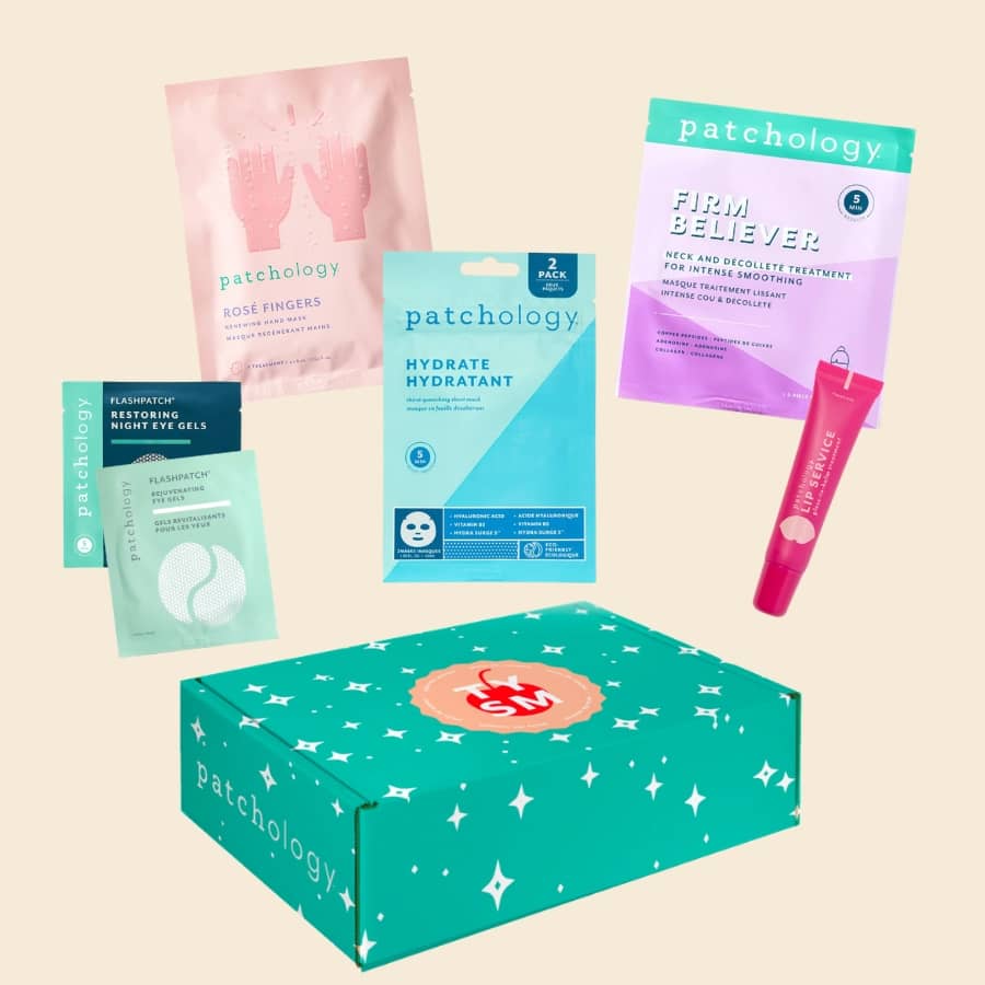 Collection of Patchology skincare products including packets and a box on a beige background
