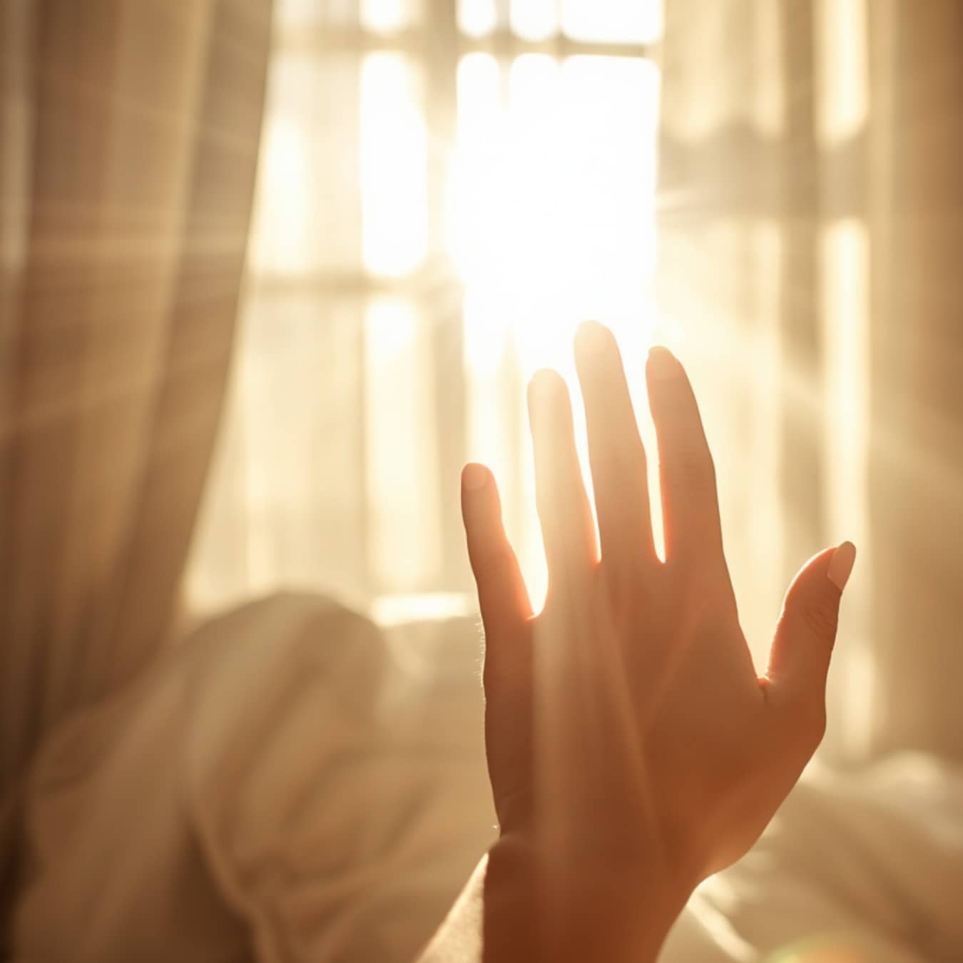 hands in the bright light sunny bedroom background