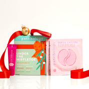 Patchology skincare products with a red ribbon on a white background