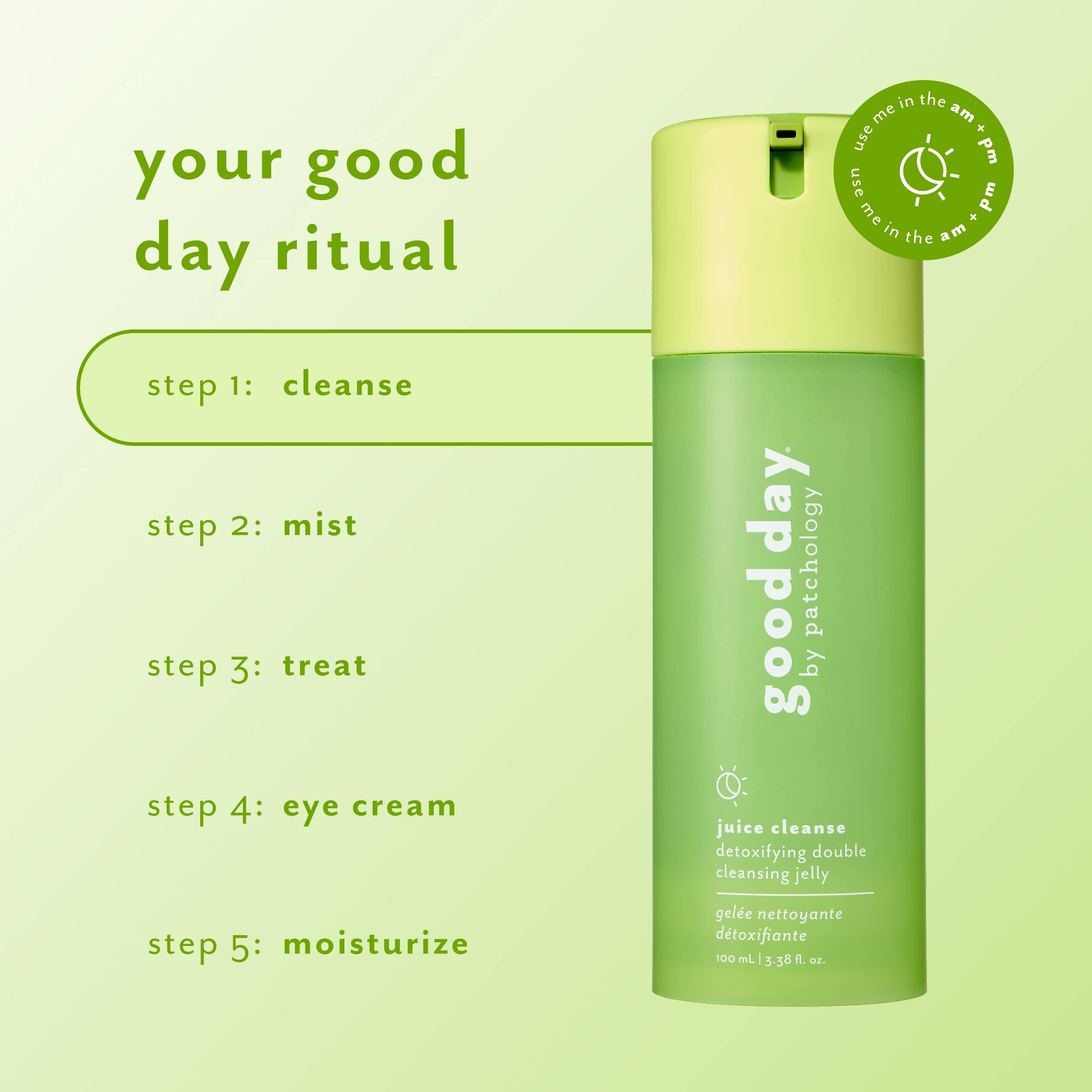 Juice Cleanse Detoxifying Double Cleansing Jelly featured as the cleansing step in a five-step skincare ritual.