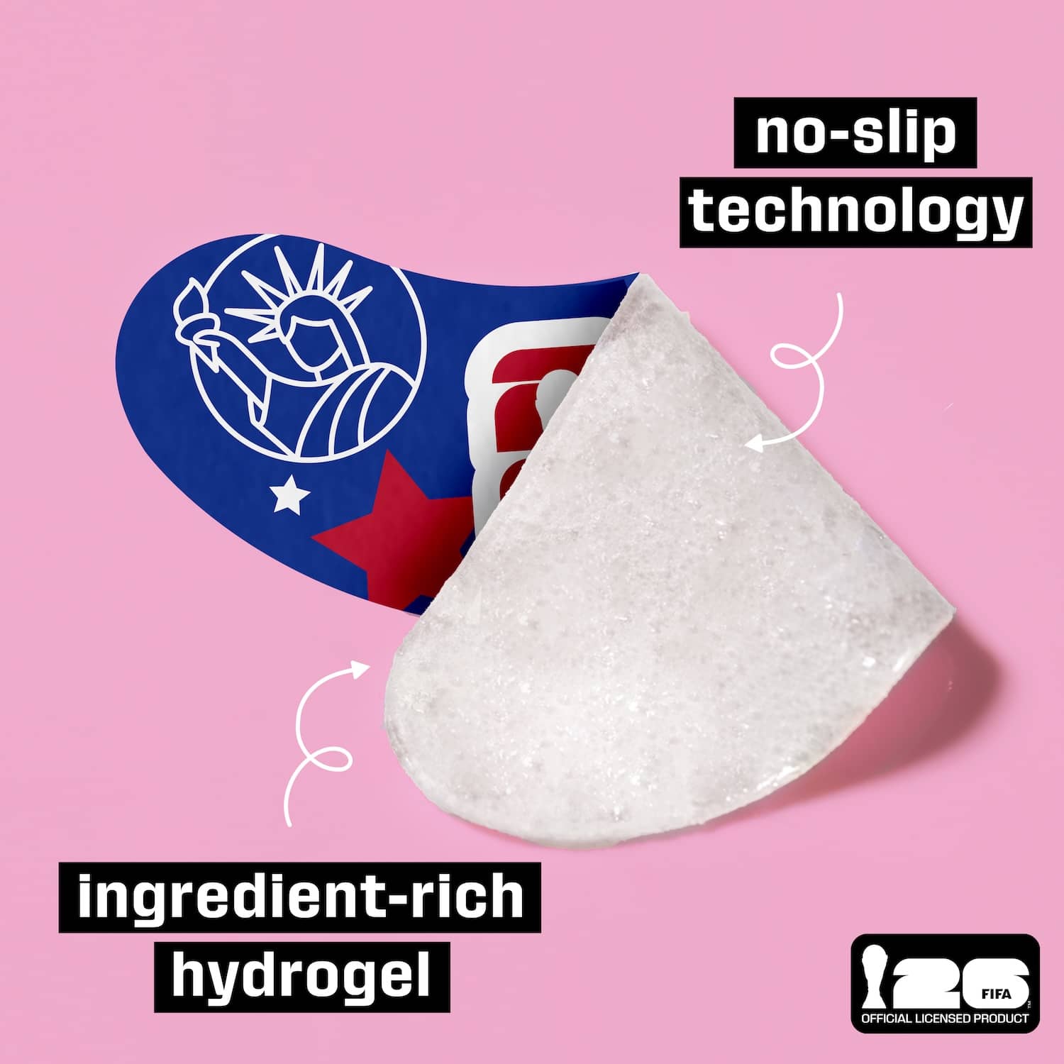 Ingredient-rich hydrogel with no-slip technology on a pink background, featuring the fifa logo.