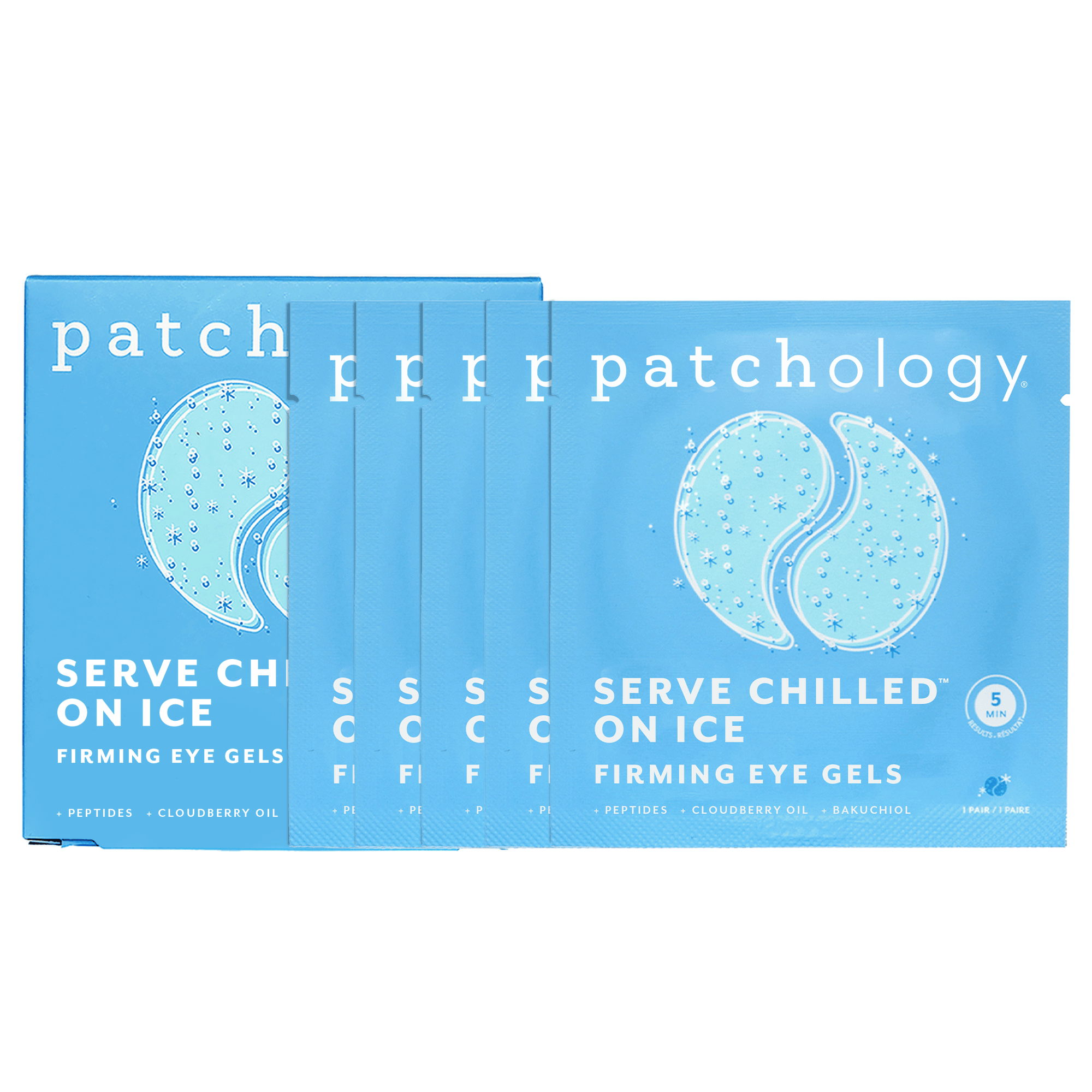 Cooling and firming eye gels multi-pack with blue sachets fanned out on white background
