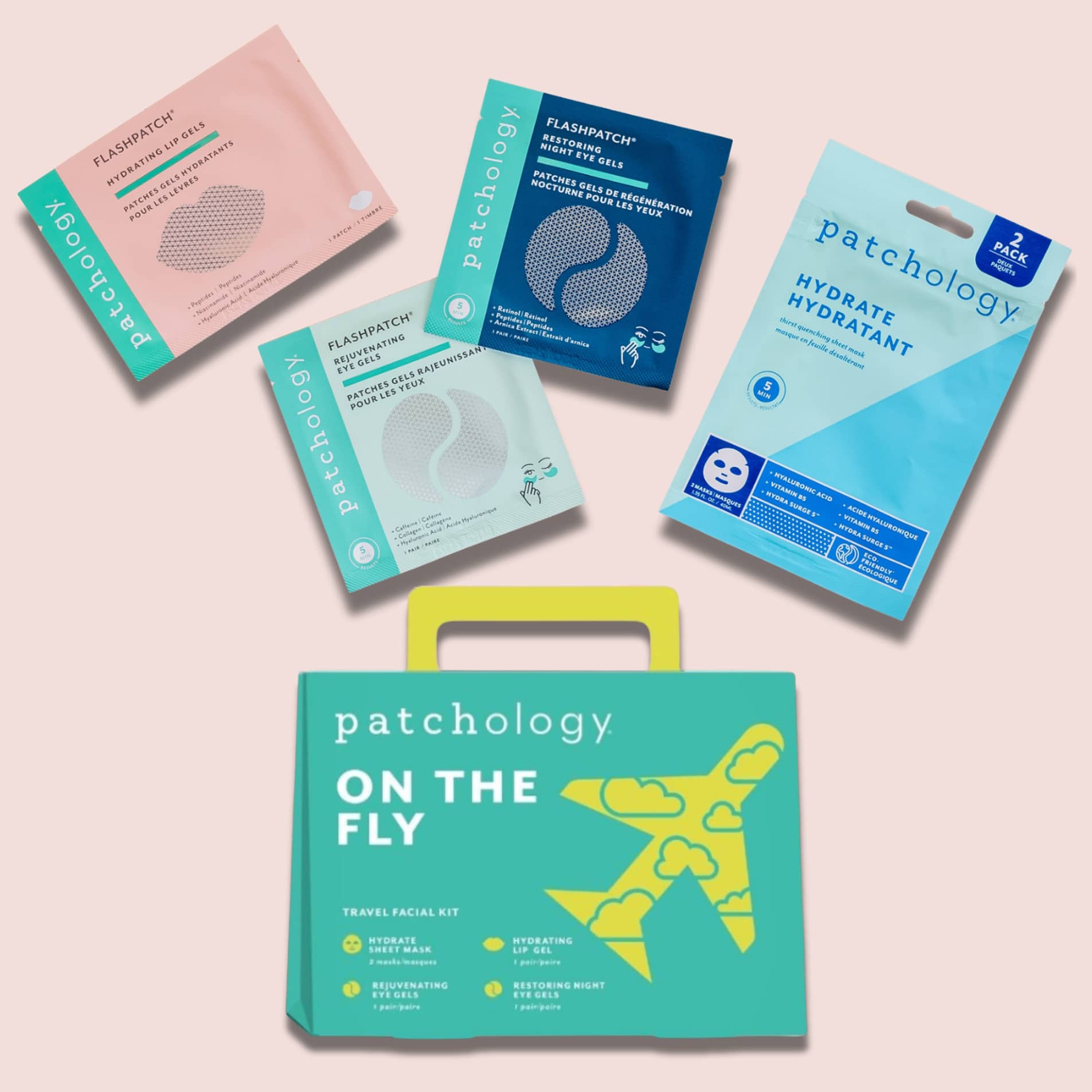 Patchology “On The Fly” travel facial kit with assorted FlashPatch eye gels and Hydrate sheet mask, complete skincare set for hydrating, refreshing, and revitalizing skin on the go
