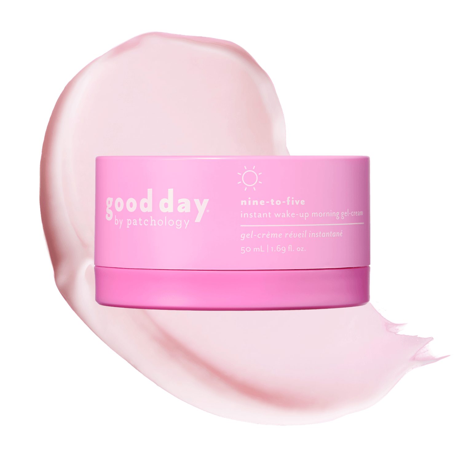 A pink cosmetic jar labeled 'good day' nine-to-five placed over a large pale pink cream smear on a black background.