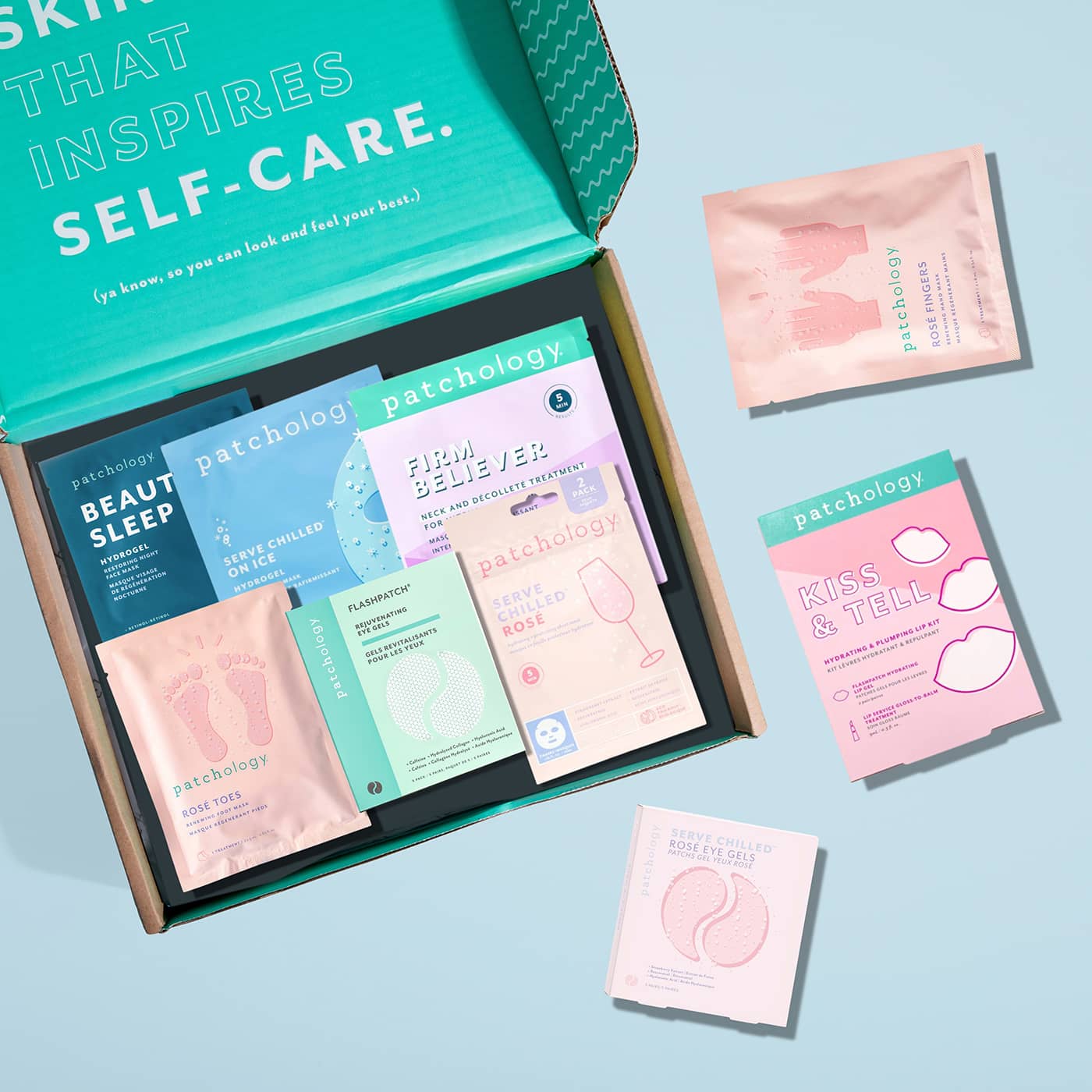Summer self-care product packaging on a light blue background