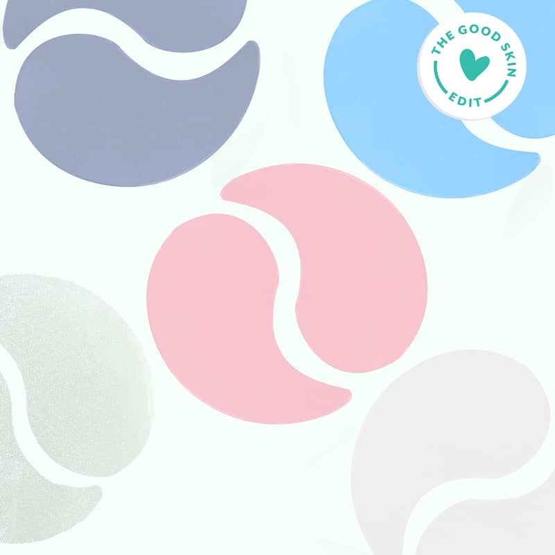 Pairs of pink, blue, slate, sage, and lilac eye patches arranged in curved shapes on a pale background with a good skin edit badge