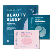 Patchology beauty products including 'Beauty Sleep' hydrogel mask, 'Flashpatch' eye gels, and 'Serve Chilled Rose Lips' lip gel on a white background.