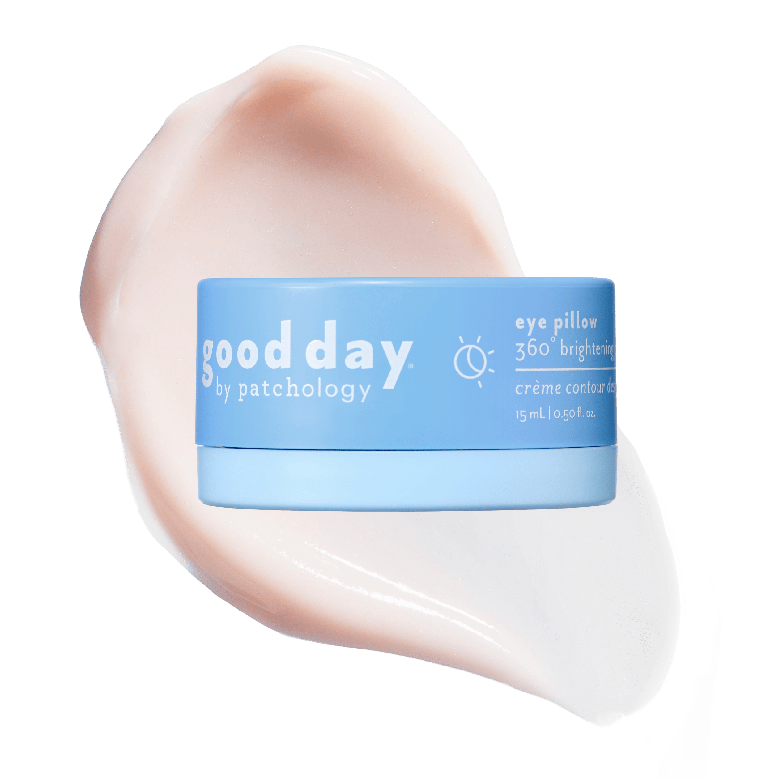 A light blue cosmetic jar with product information centered over a large pale pink cream smear on a solid background.