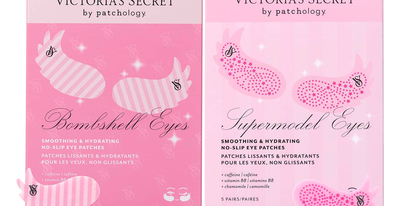 Two pink Victoria's Secret by patchology eye patch boxes labeled 'Bombshell Eyes' and 'Supermodel Eyes' with several pink patterned eye patches placed in front on a white background.