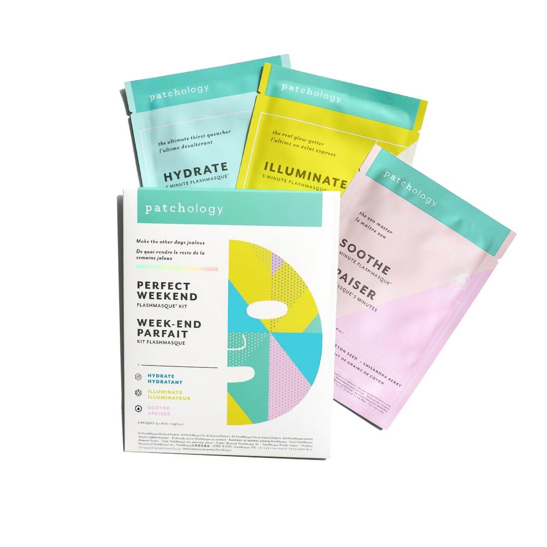 Patchology facial sheet masks hydrate soothe illuminate perfect weekend trio kit pack with white background