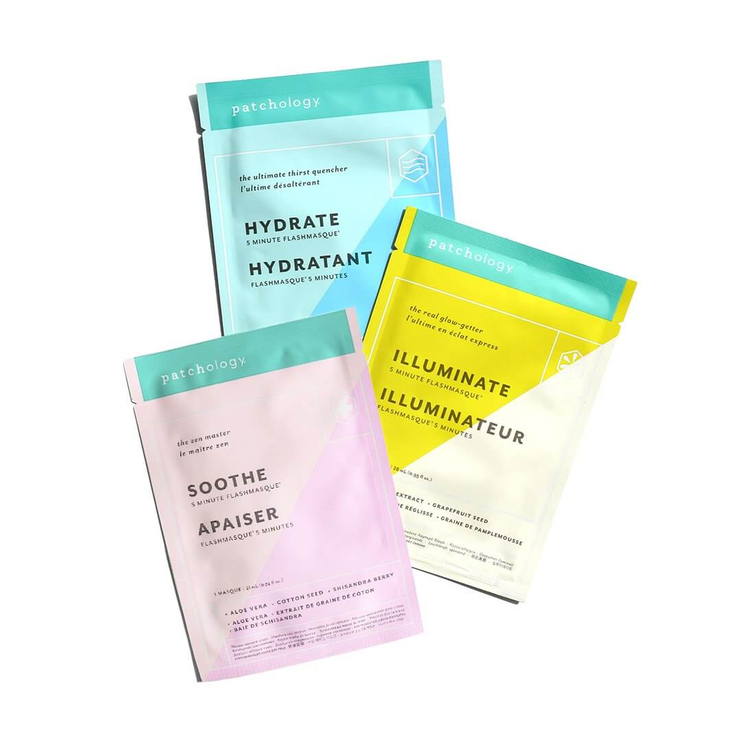 Patchology facial sheet masks hydrate soothe illuminate perfect weekend trio kit pack with white background