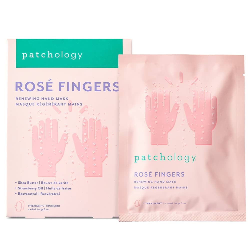 patchology box and packaging for rosé fingers hand mask