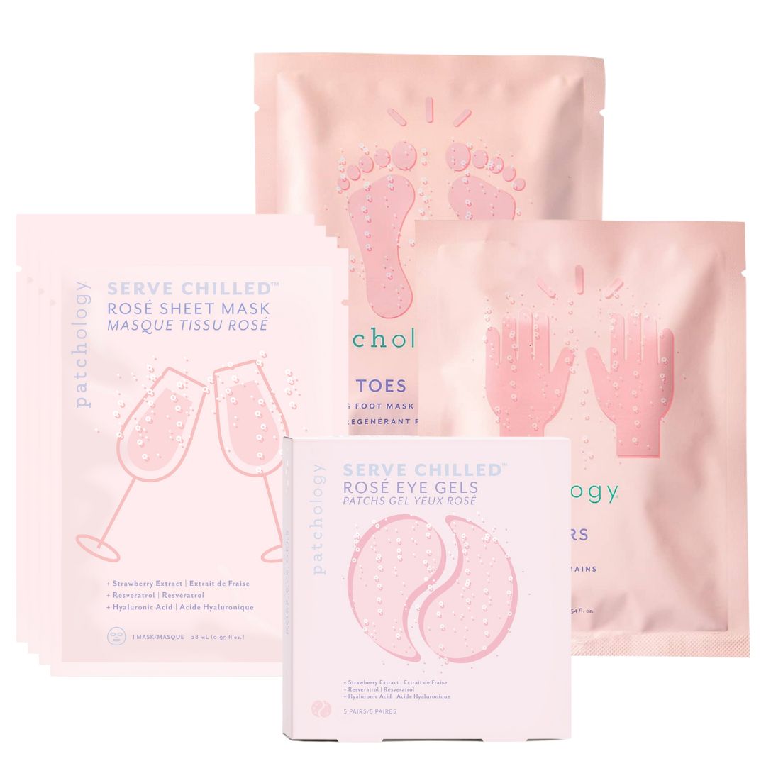 online exclusive rose all day only at Patchology serve chilled sheet mask eye gels fingers and toes