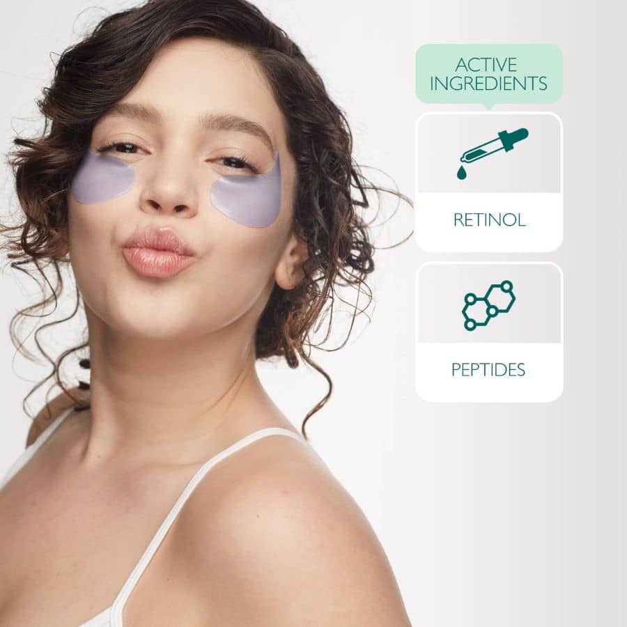 woman wearing restoring night eye gels with active ingredients retinol and peptides